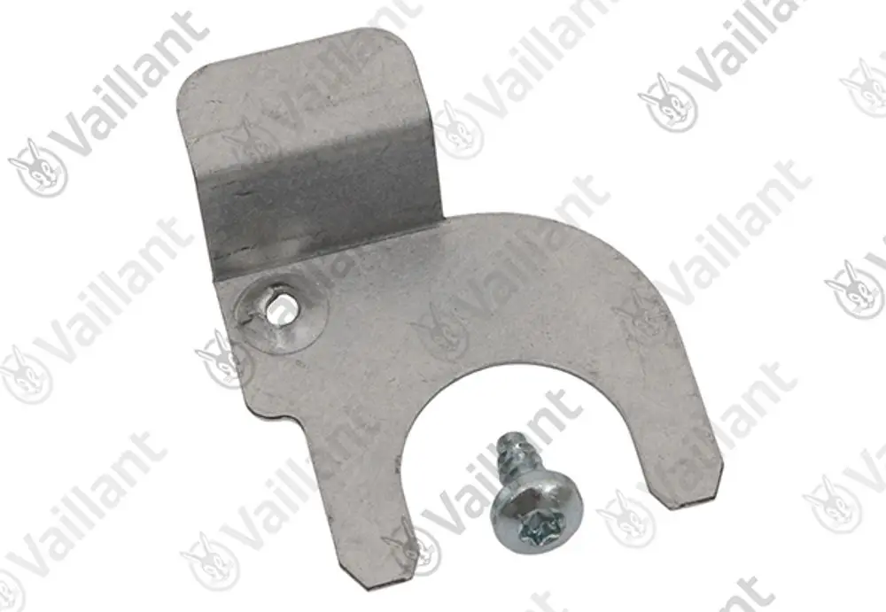 Edelstahlhalter von Vaillant mit montiertem Schraube. Der Halter hat eine gebogene Form und dient zur Befestigung.